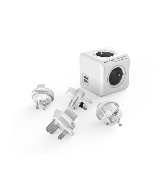 Cestovní adaptér PowerCube Rewirable s USB, šedý