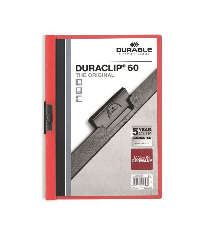 Zakládací desky s klipem Durable Duraclip - A4, kapacita 60 listů, červené
