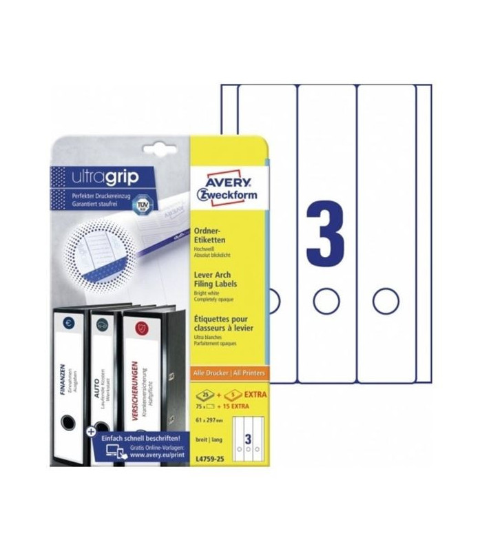 Etikety na pořadače Avery Zweckform - bílé, 61 x 297 mm, 90 ks