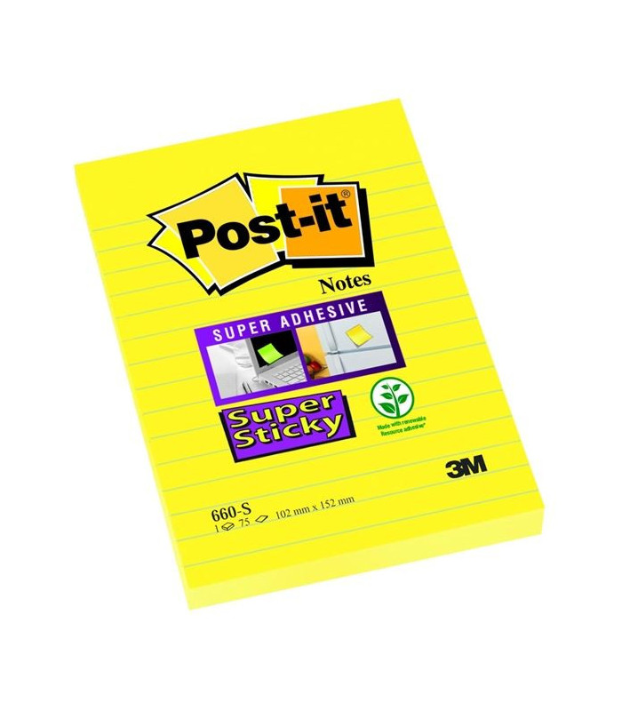 Samolepící bloček Post-it Super Sticky - 102 x 152 mm, linkovaný, ultražlutý, 75 lístků