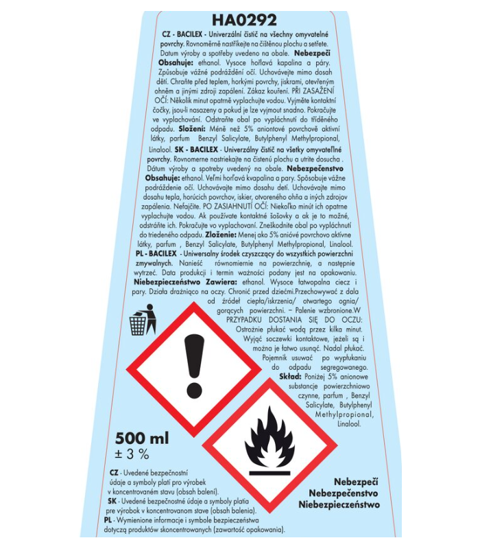 Čisticí prostředek na hladké povrchy s vysokým obsahem alkoholu 70 %, BACILEX