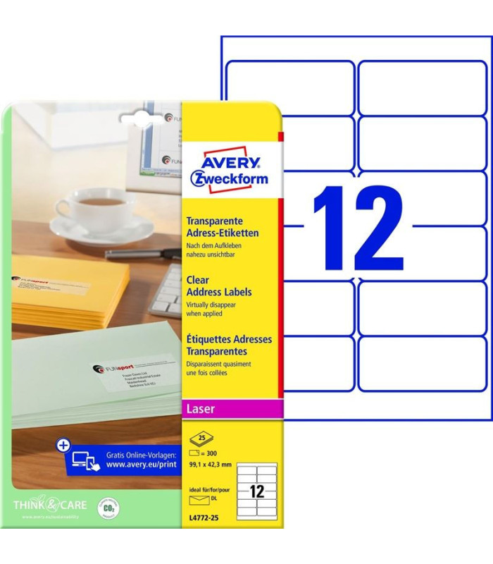 Etikety na zásilky Avery Zweckform - transparentní, 99,1 x 42,3 mm, 300 ks