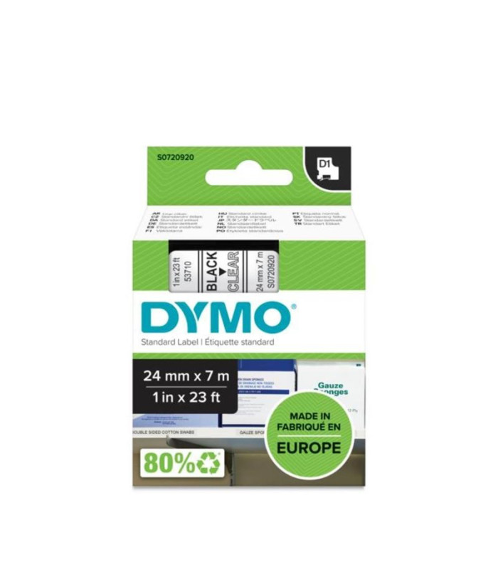 Páska Dymo D1 - průhledná, šířka 24 mm, návin 7 m, černé písmo