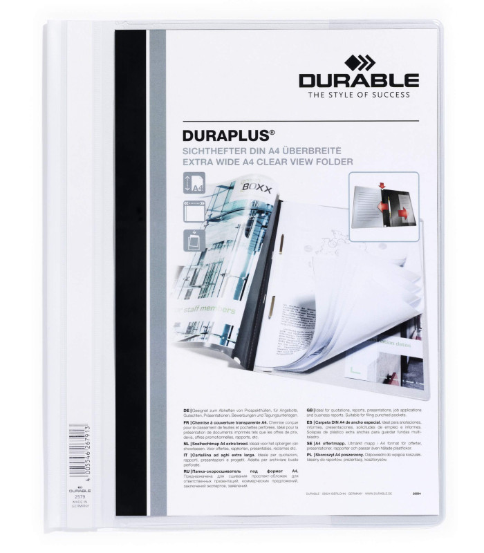 Plastový rychlovazač Durable - A4, s kapsou, bílé, 1 ks