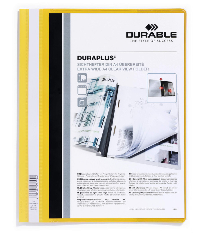 Plastový rychlovazač Durable - A4, s kapsou, žluté, 1 ks