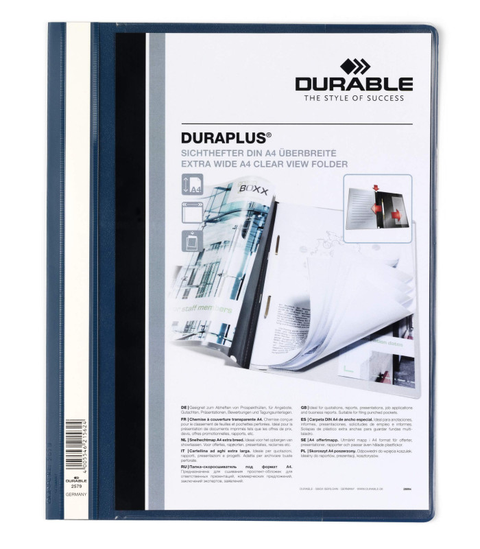 Plastový rychlovazač Durable - A4, s kapsou, modré, 1 ks