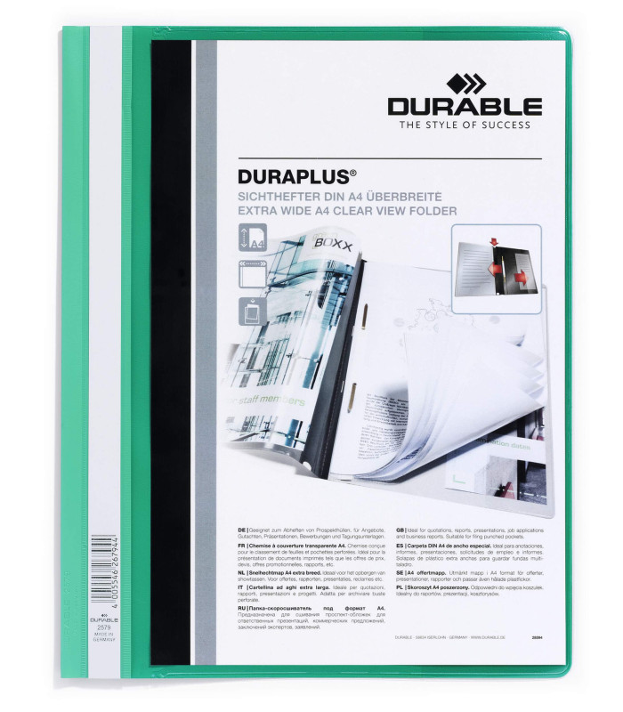 Plastový rychlovazač Durable - A4, s kapsou, zelený