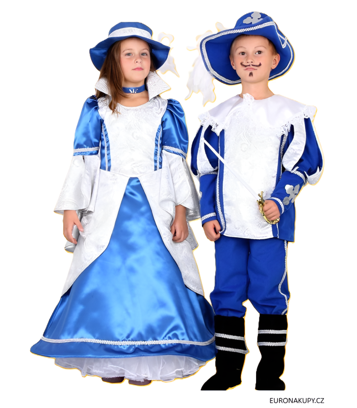 Karnevalový kostým MUŠKETÝR MODRÝ, kalhoty, horní díl, klobouk, návleky