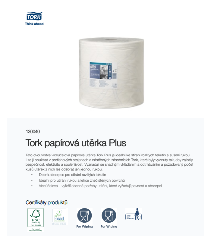 Průmyslové papírové utěrky Tork - W1, 2vrstvé, bílé (130040)