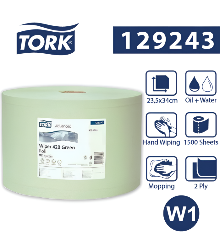 Průmyslové utěrky Tork Advanced - W1, 2vrstvé, zelené, 2 role (129243)