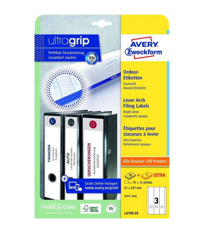 Etikety na pořadače Avery Zweckform - bílé, 61 x 297 mm, 90 ks